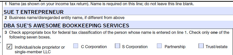IRS form W9 sole proprietor name sample