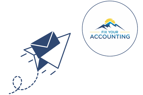 Image of Fix Your Accounting logo with a message icon regarding personalized accounting services and bookkeeping coaching. 